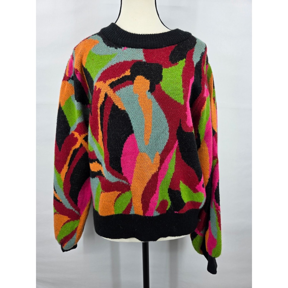 Farm Rio Womens Abstract Geometric Knit Sweater Multicolor Crew Neck Large